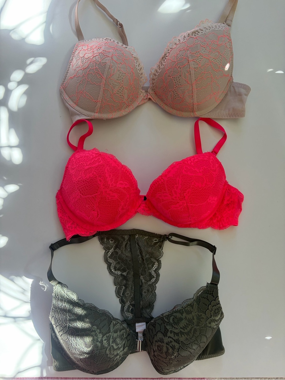 3 pack bundle Lace Push-Up Bra blush, hot pink and olive green size 34C